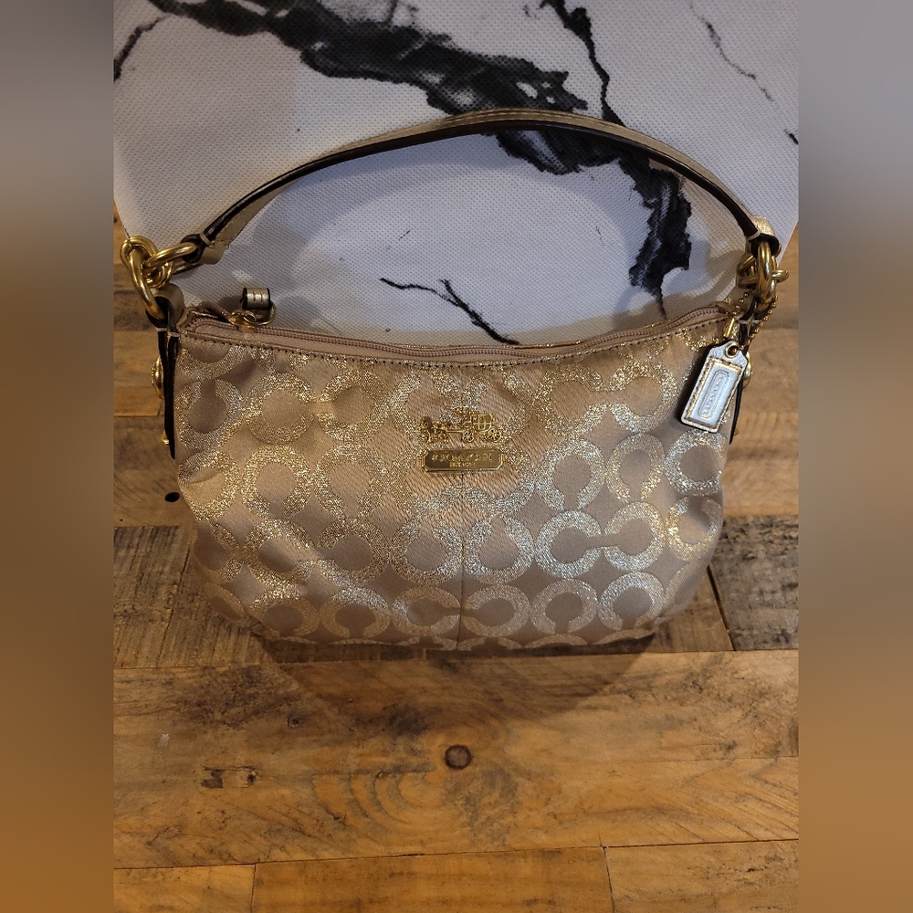 Coach Mia Signature Khaki Gold Lurex Top-Handle Pouch